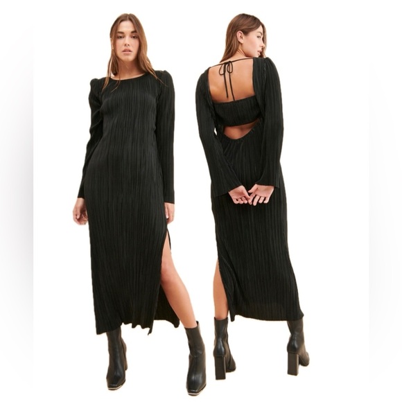 4SI3NNA Krista Pleated Long Sleeve Midi Dress Black - Picture 1 of 16